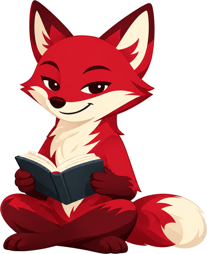 Booky, Vread's fox mascot, reading a book